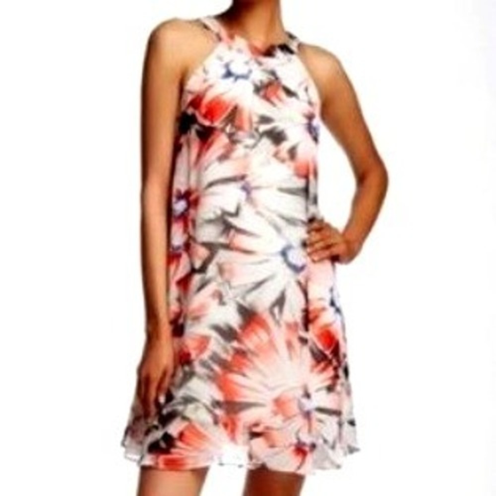BETSEY JOHNSON‎ Size 6 Mini Dress Halter Black Red Abstract Floral Silky Chiffon